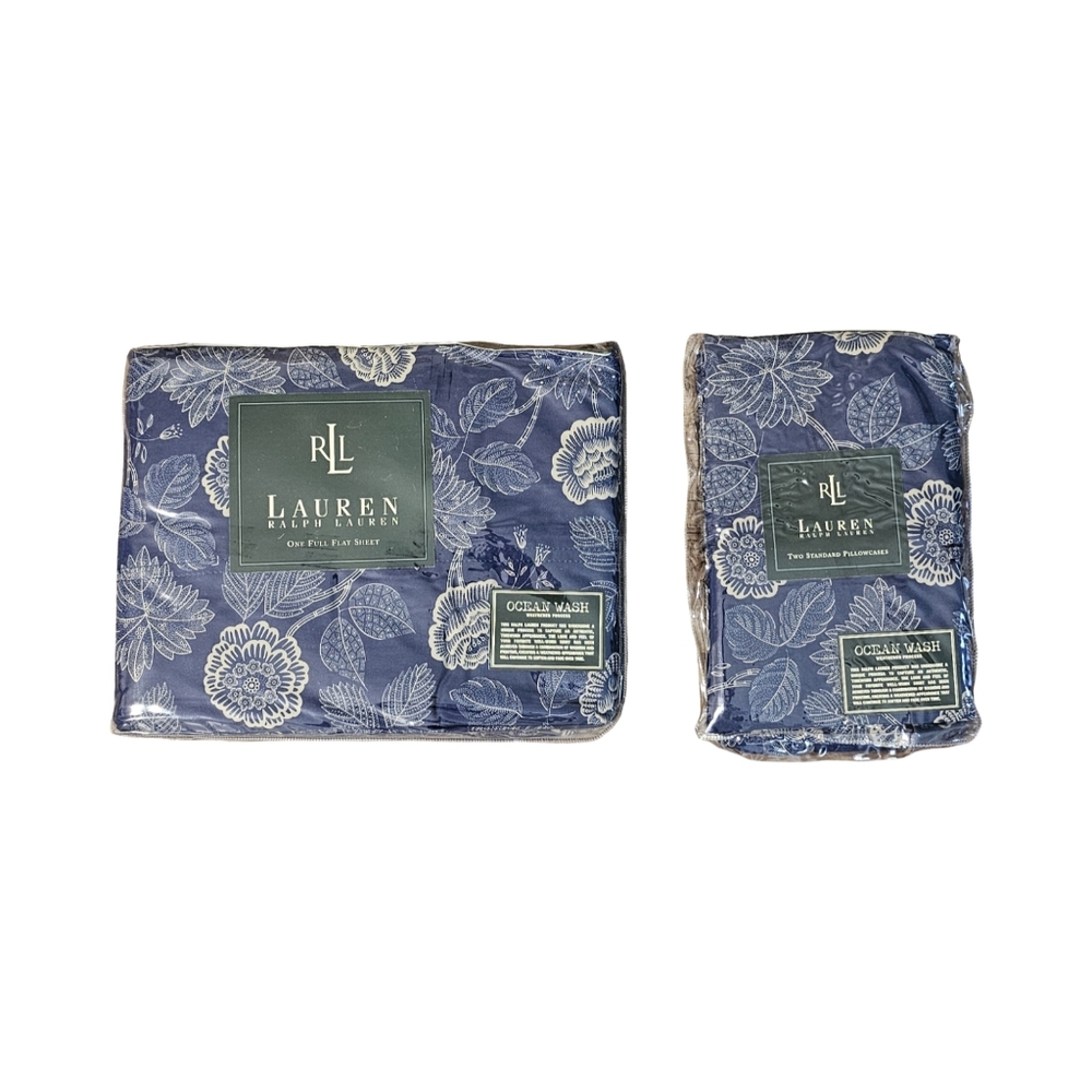 Ralph Lauren Ocean Wash Blue Floral Americana Full Flat Sheet & Pillow Cases